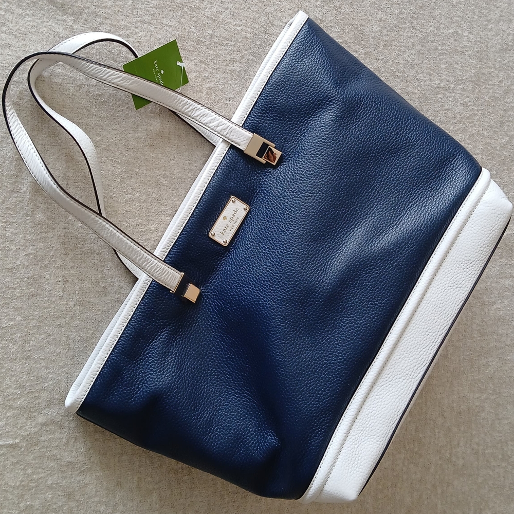 Kate Spade Oliver Street Taren French Navy White Pebbled Leather Tote NWT